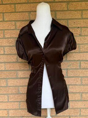 Y2K Brown Satin Button-Up Top | Minimalist Puff Sleeve Style Size L
